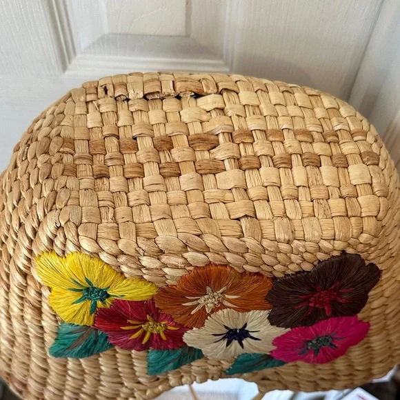 Floral Embroidered Straw Tote Bag - Picture 6 of 10